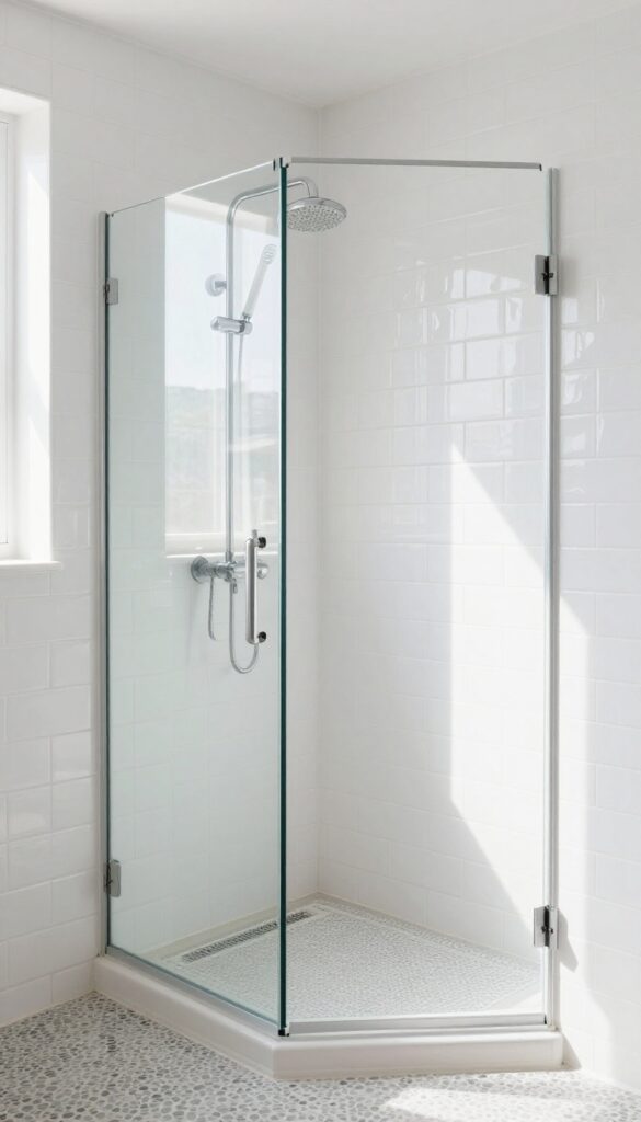 Small stand-up shower with white subway tiles, glass door, and light gray pebble floor, bright and airy.
