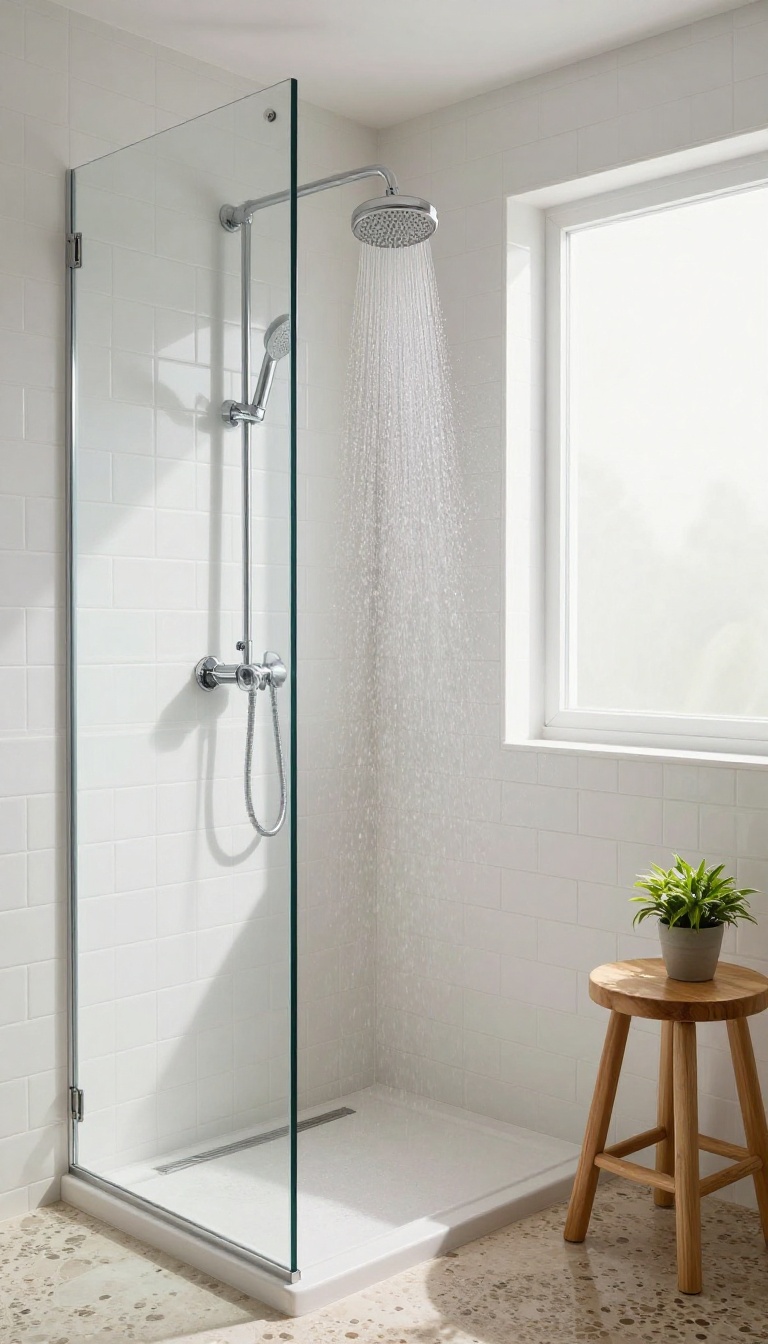 Compact walk-in shower with a handheld showerhead on a slide bar, white subway tiles, and a pebble floor in natural light.