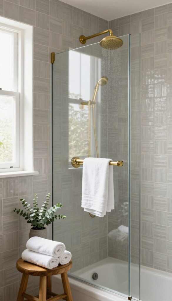 Warm grey basketweave tile shower with brass fixtures and natural light