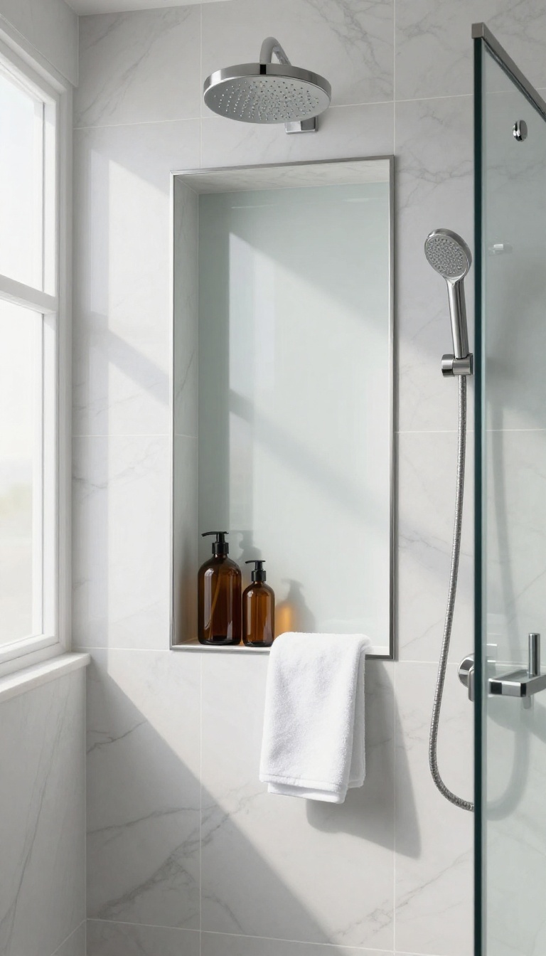 Modern shower with recessed caddy and mirror