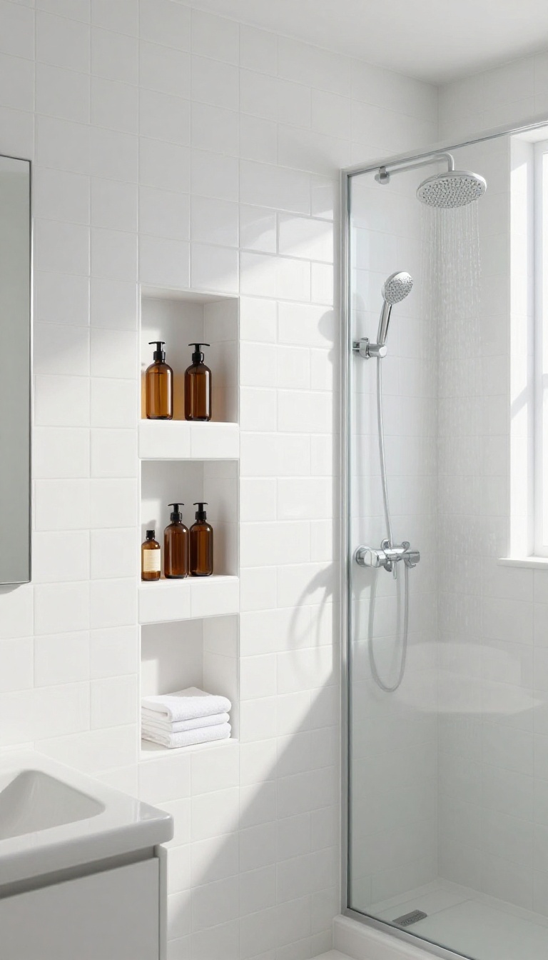 Modern bathroom half wall with built-in recessed shelving for shower essentials