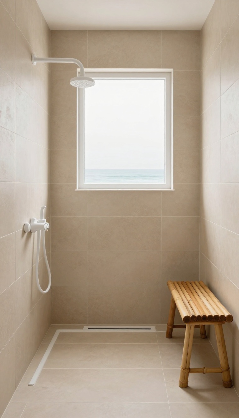 Coastal bathroom shower with sand-inspired beige tiles, white fixtures, and teak wood accents