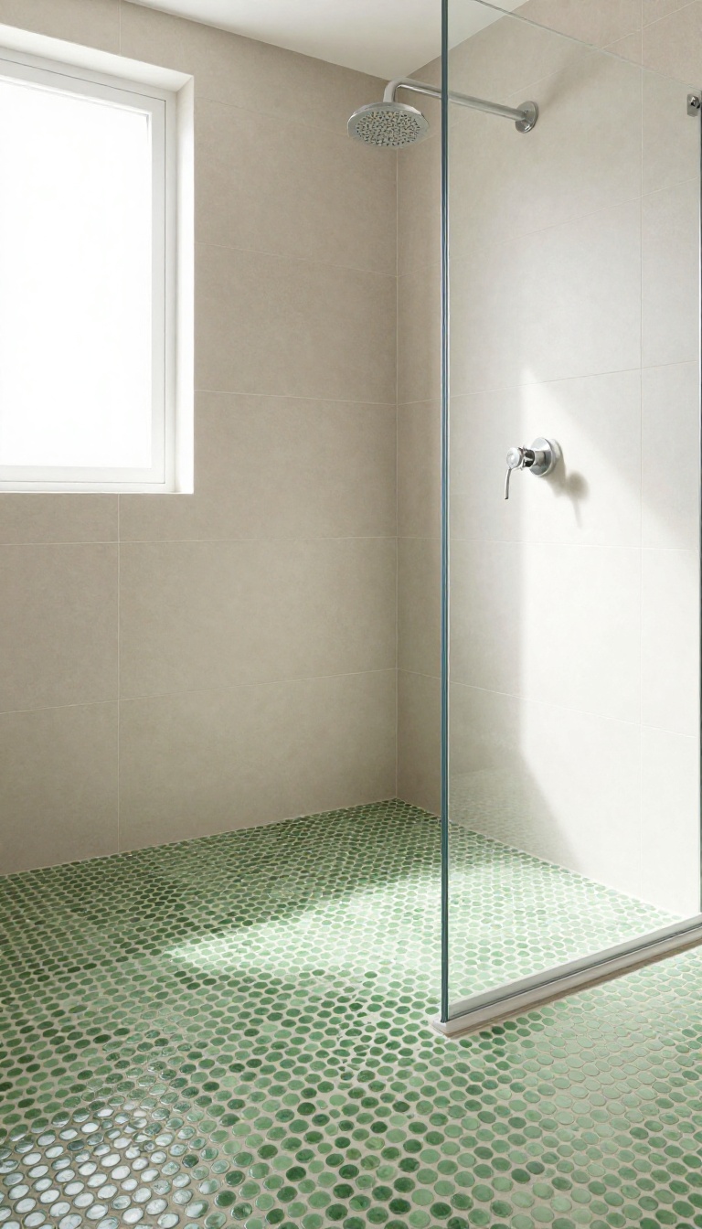 Green penny tile shower floor with neutral beige wall tiles in a bright, modern bathroom