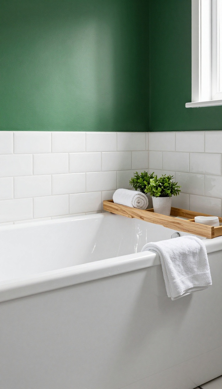 Bathroom with a forest green accent wall behind a white bathtub, shower overhead, natural light, wooden bath tray with towel and plant