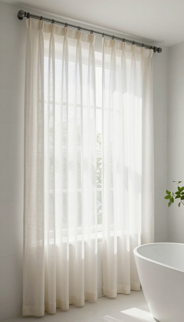 Bathroom with tall shower curtain rod mounted high near ceiling, sheer linen curtain framing a window above the shower, bright natural light, clean modern decor