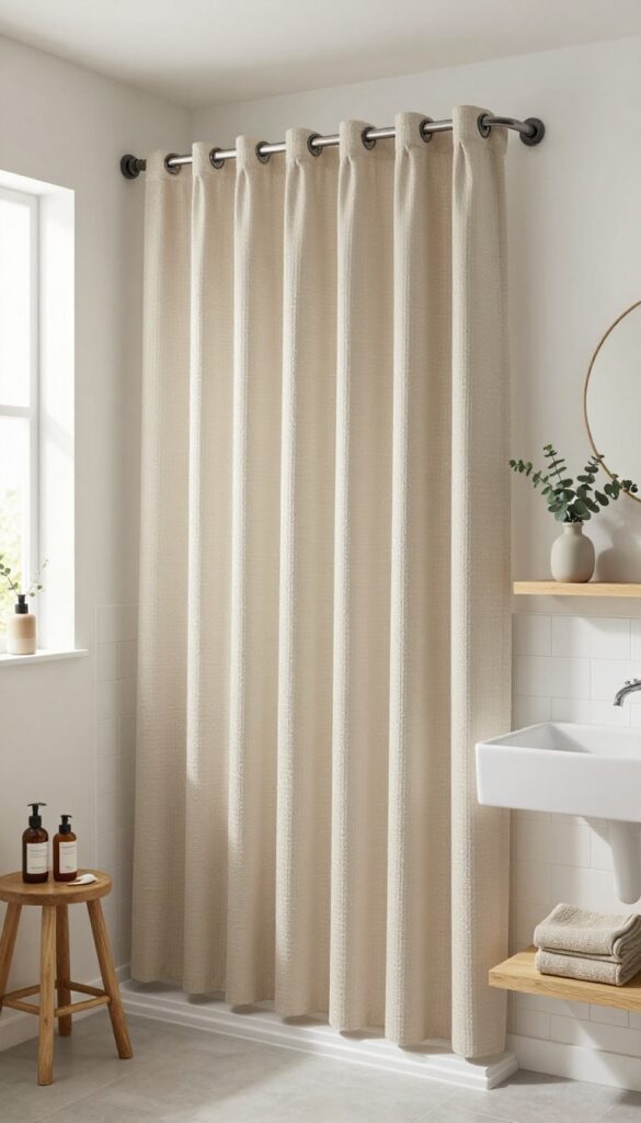 Small bathroom with a fabric shower curtain instead of a glass door, featuring a waffle-textured curtain, curved rod, white subway tile, and natural light.