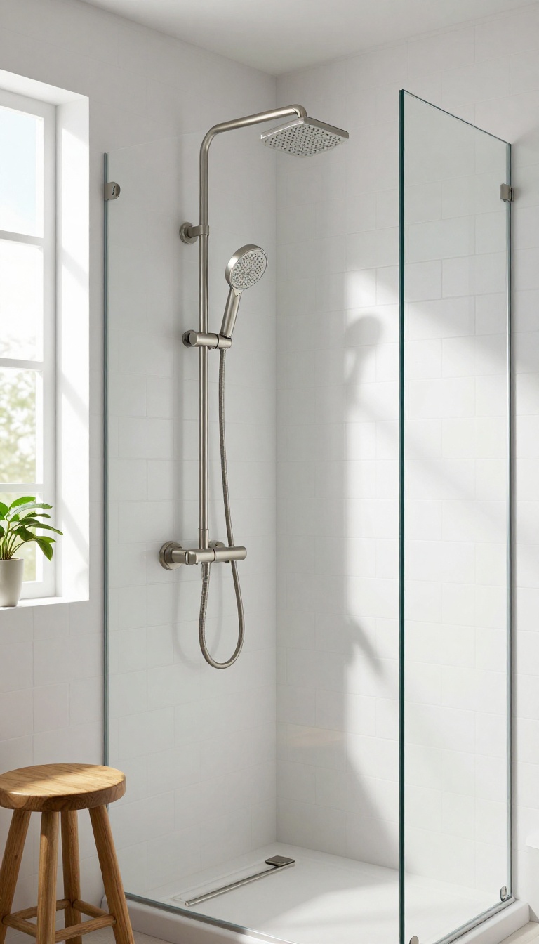 Modern bathroom with a handheld showerhead on a slide bar, showcasing flexibility and convenience.
