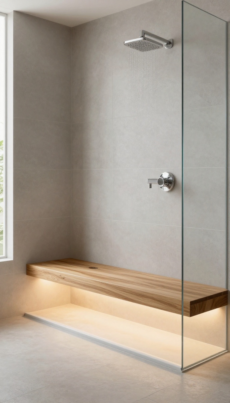 Modern walk-in shower with a wooden bench illuminated by warm under-bench LED lighting, creating a calm, spa-like ambiance.