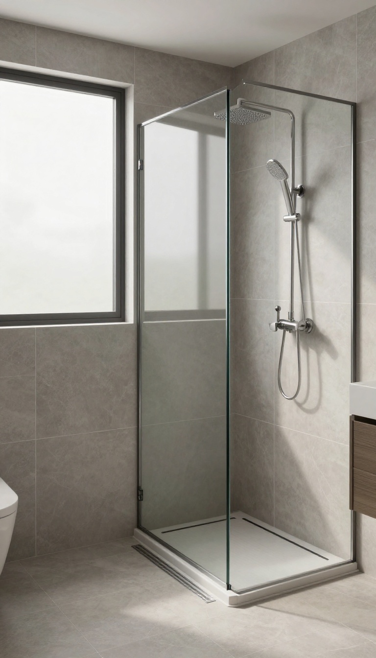 Modern bathroom with a curbless shower, seamless tile floor, linear drain, and frameless glass partition