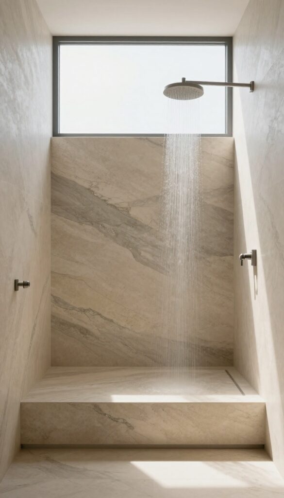 Modern shower with natural stone slab walls and a built-in bench, seamless design