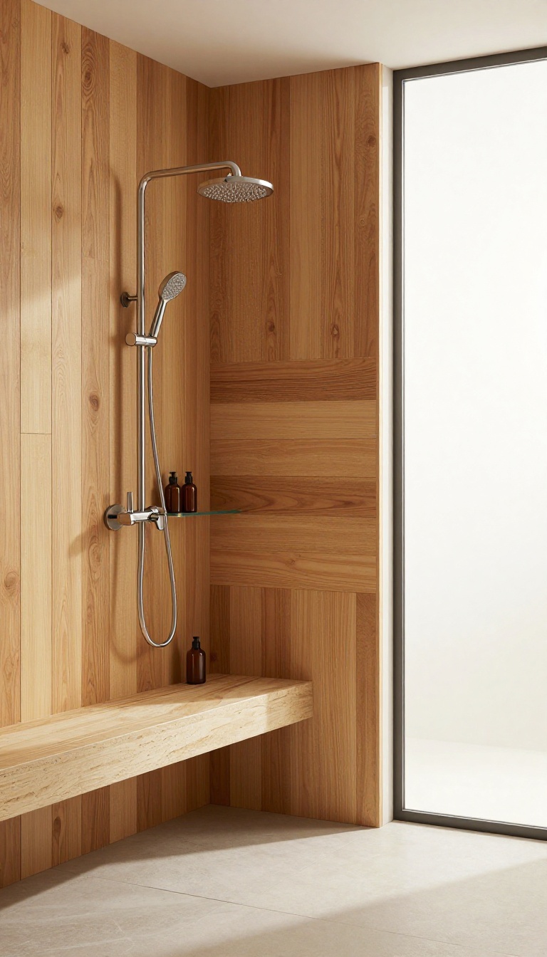 Modern bathroom shower with mixed horizontal and vertical wood tile planks creating visual interest.
