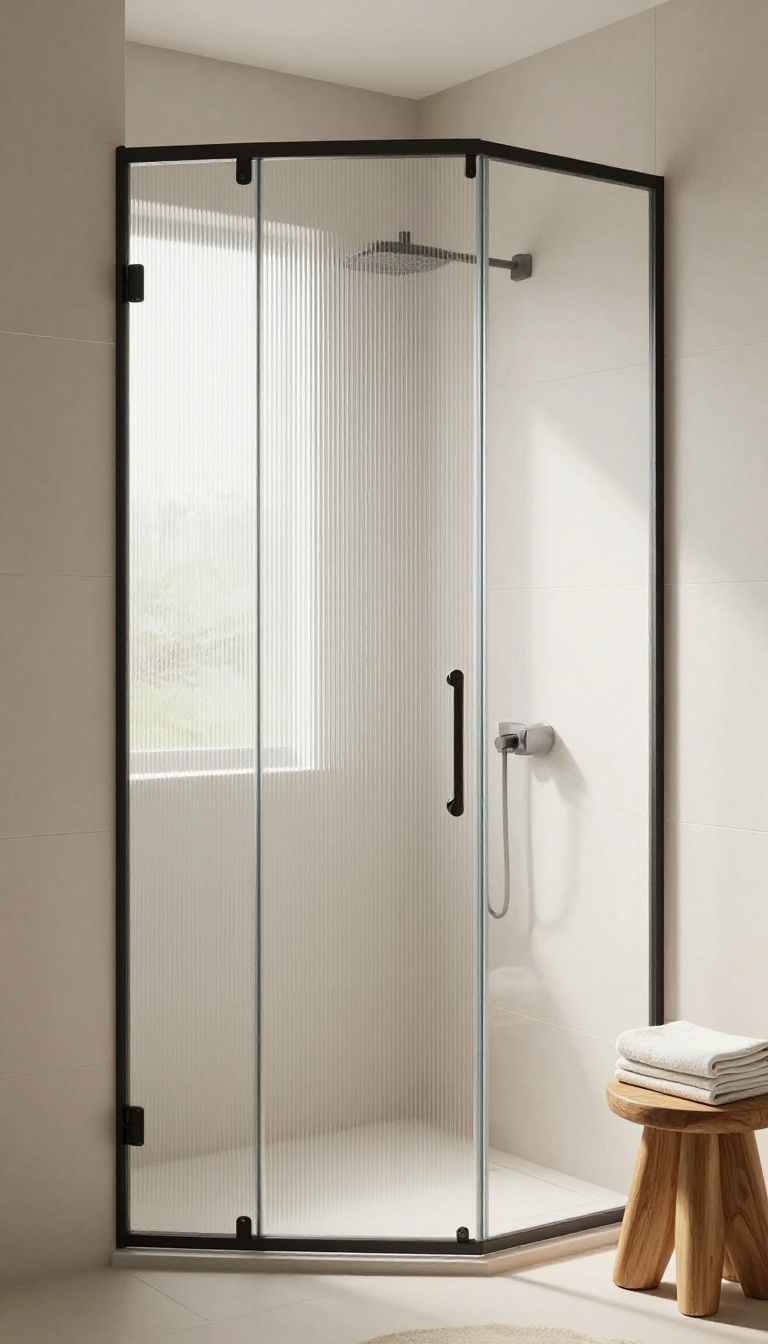 Ribbed textured glass shower door in a bright modern bathroom