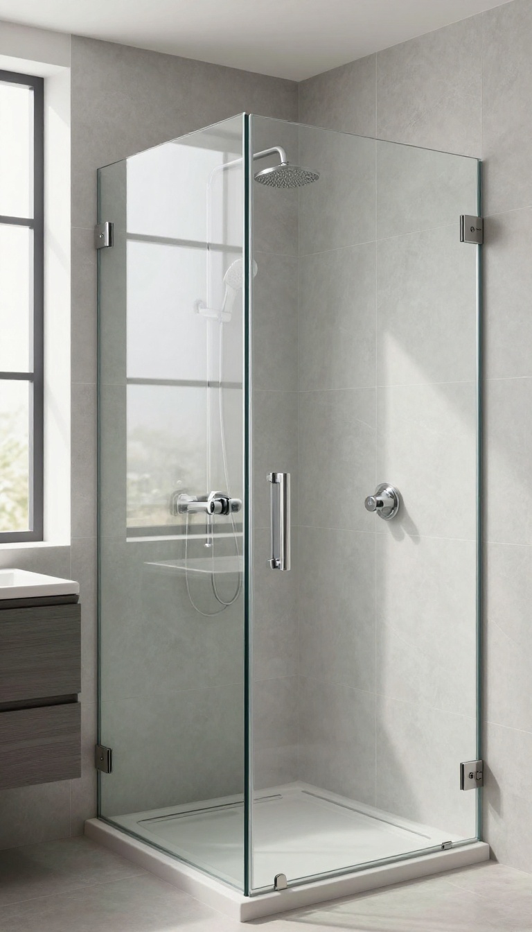 Modern bathroom with a half wall shower and hinged glass door, featuring light gray tiles and natural light