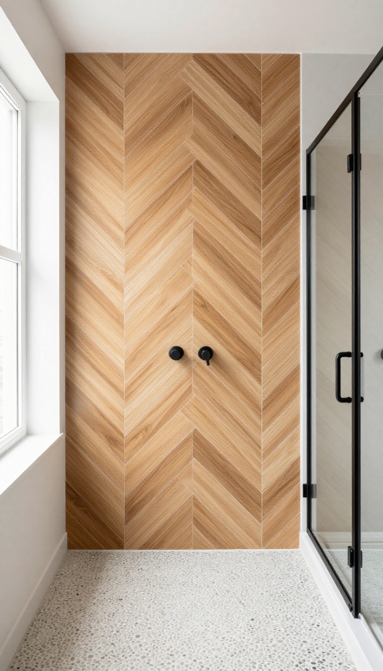 Modern bathroom shower with herringbone wood tile accent wall and natural stone floor