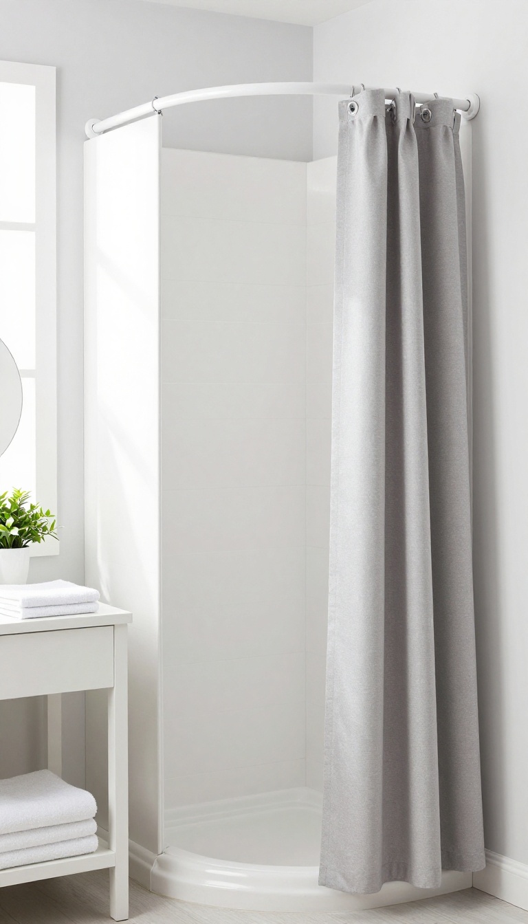 Small shower room with a light gray shower curtain on a curved rod, open to reveal a clean tiled interior, bright natural light, modern compact bathroom
