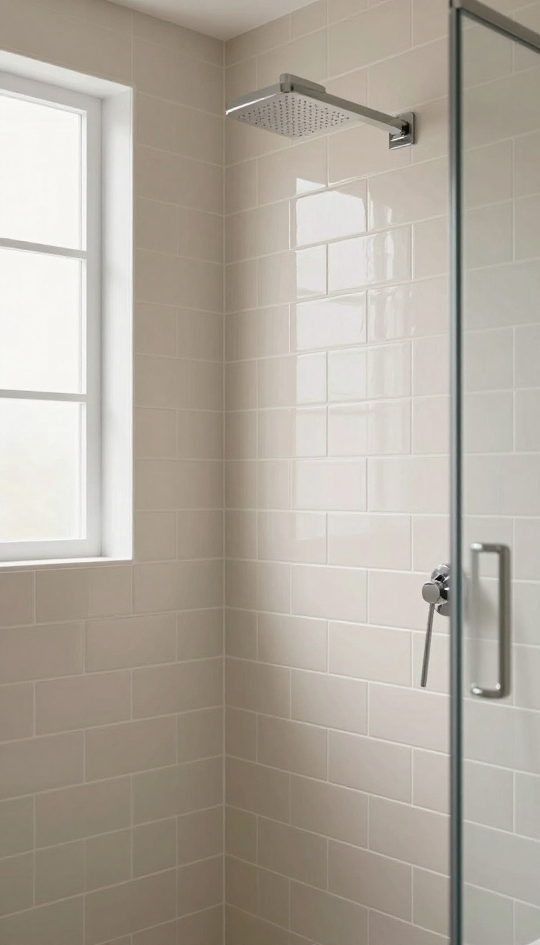 Beige subway tiles in vertical stack pattern in a bright modern shower