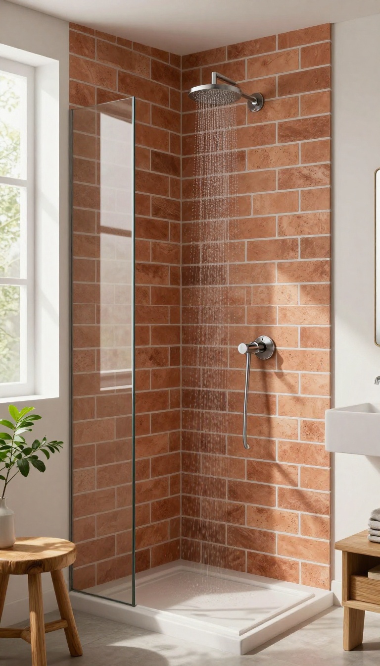 Brick-pattern tile shower with white grout in a rustic modern bathroom