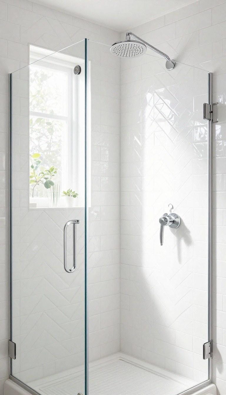 Polished white subway tile in a herringbone pattern inside a bright modern shower