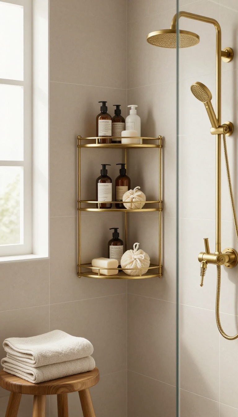 Brass corner caddy in a shower with neutral tiles and natural wood accents, bathed in warm natural light