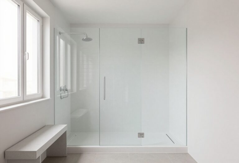 Modern bathroom with a glass-topped pony wall shower featuring white subway tile and a rainfall showerhead.