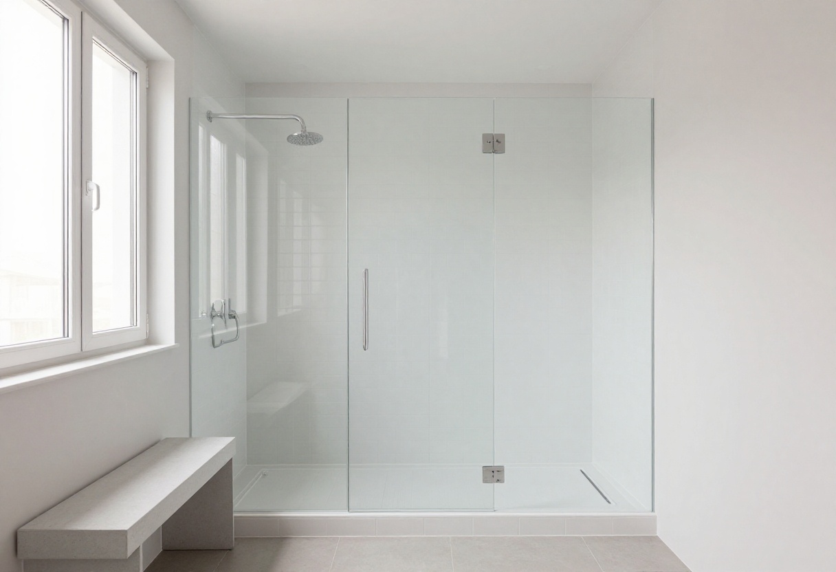 Modern bathroom with a glass-topped pony wall shower featuring white subway tile and a rainfall showerhead.