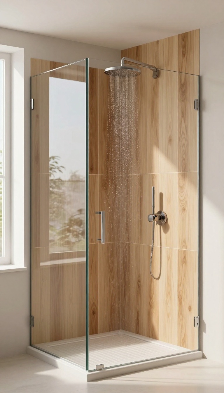 Wood tile shower with frameless glass door and minimal grout lines in a bright bathroom