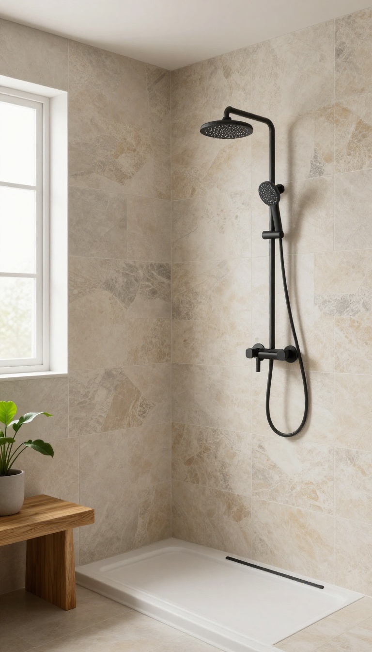 Walk-in shower with textured stone-look tiles and matte black fixtures