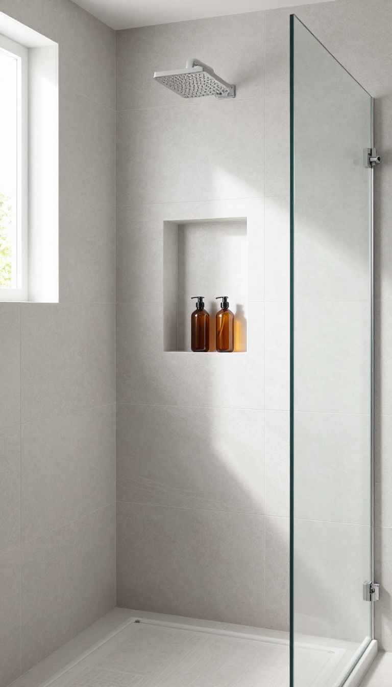 Seamless walk-in tile shower with a recessed niche for storage, keeping the wall flat and uncluttered.