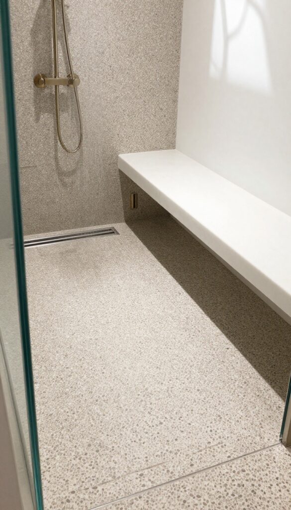 Walk-in shower with pebble tile floor and a smooth white seat, showcasing contrasting textures.