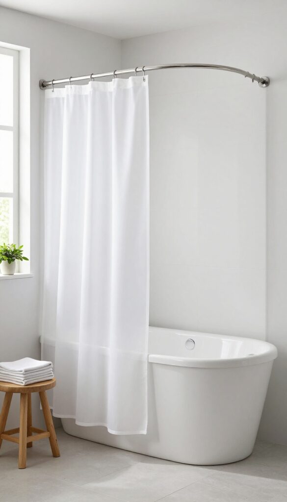 Bright bathroom with two white fabric shower curtain liners on a sleek rod, clean and minimalist design