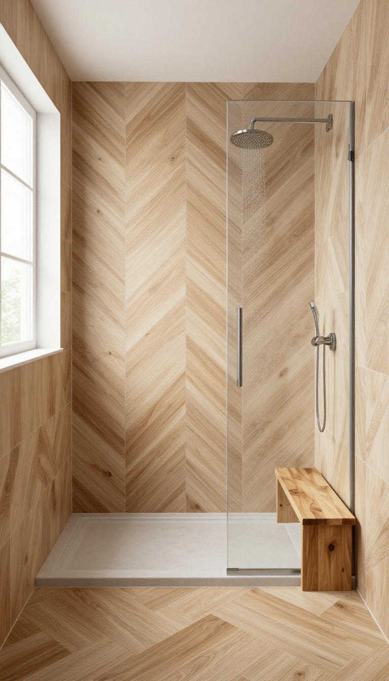 Wood-look tile herringbone shower with natural light and teak bench