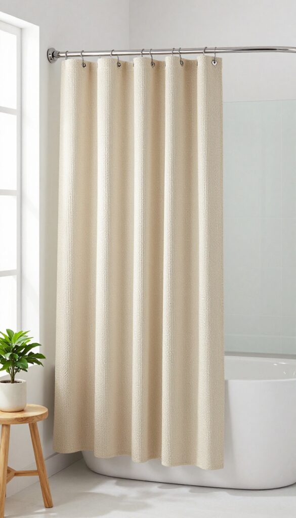 Two beige shower curtains with different textures, waffle weave and smooth matte, in a bright minimalist bathroom