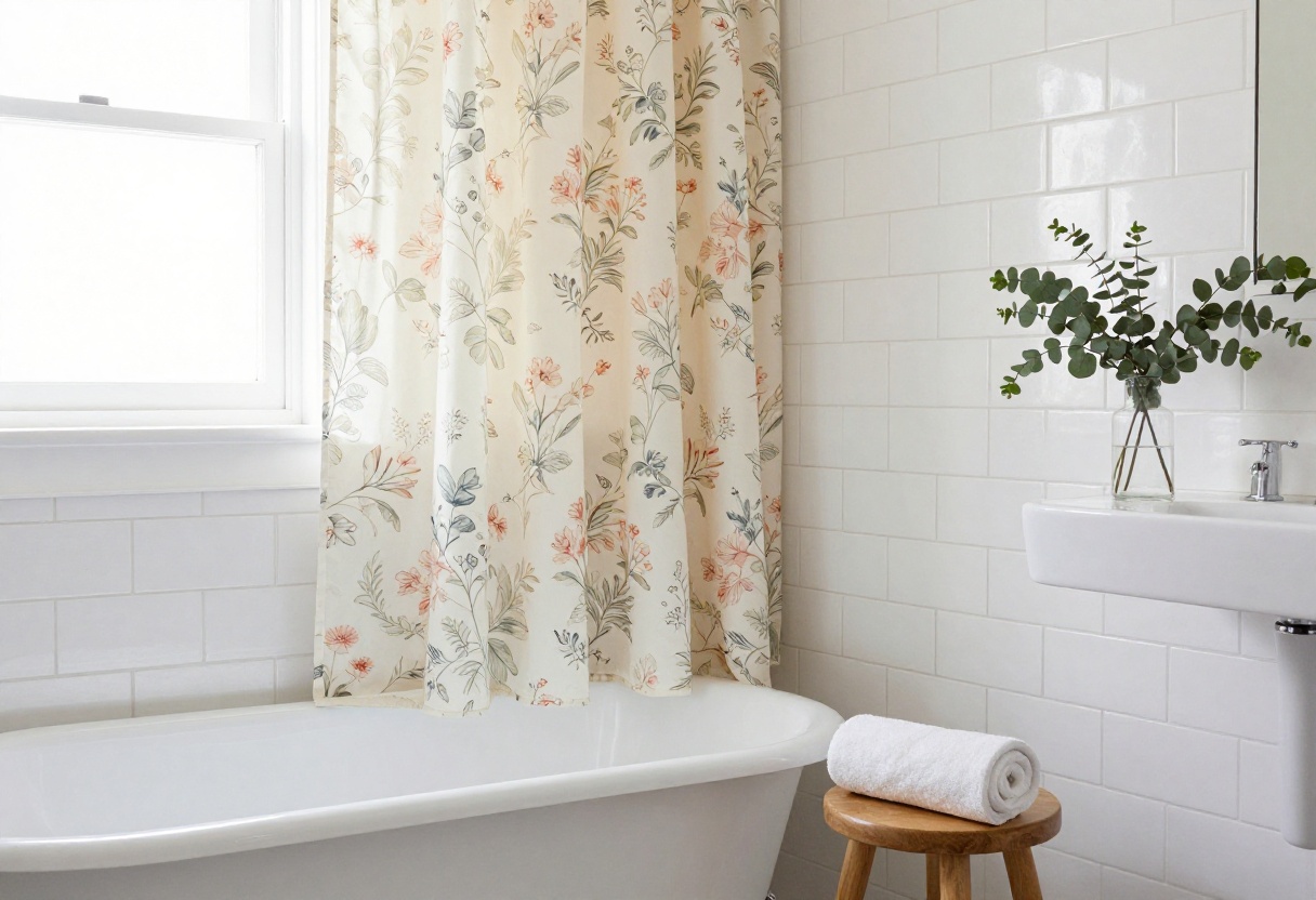 Vintage floral shower curtain in a bright bathroom with a clawfoot tub