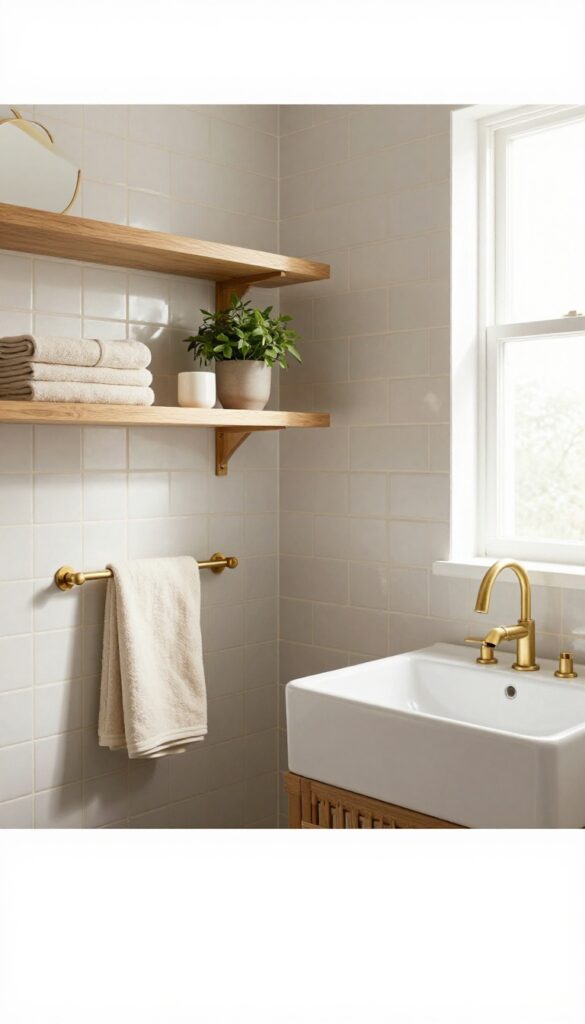 Warm grey subway tile bathroom with beige grout, wood accents, and brass fixtures