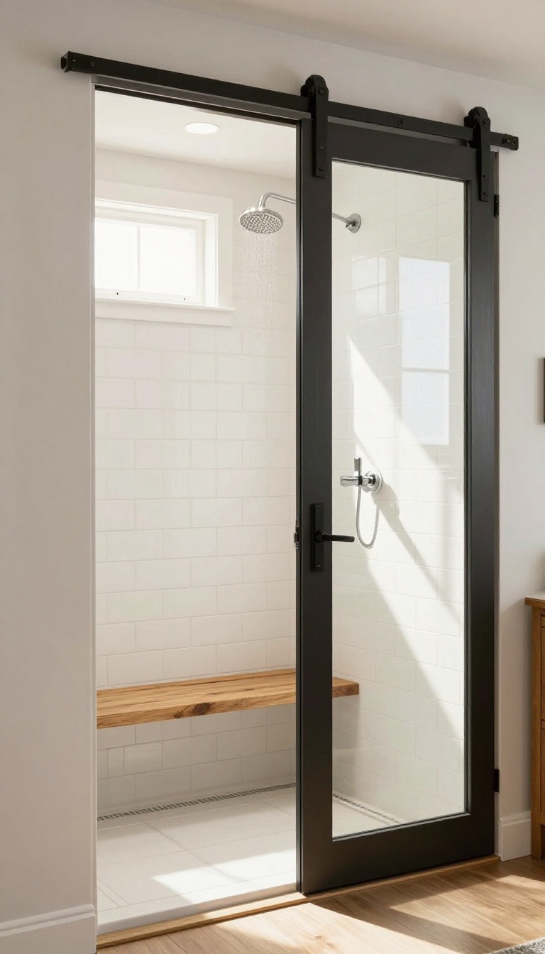 Farmhouse walk-in shower with a glass barn door on black hardware, white subway tiles, and a wooden bench.