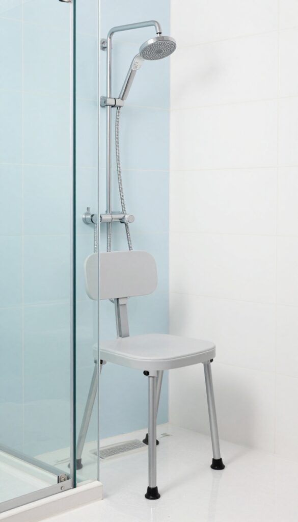 Height-adjustable shower chair in a bright bathroom with a person sitting comfortably, feet flat on the floor.