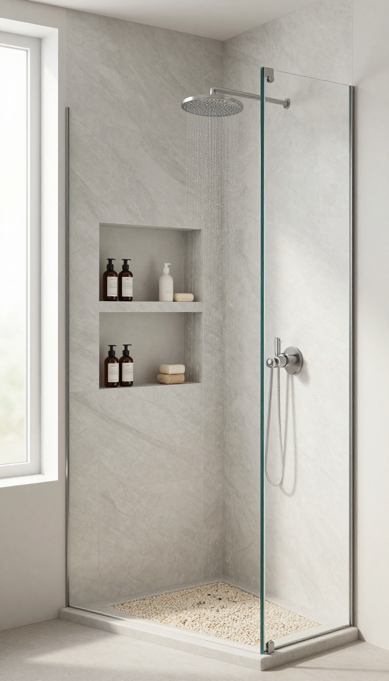 Modern zero-entry shower with a recessed niche for toiletries, tiled in marble-look porcelain, featuring a rainfall showerhead and pebble floor.