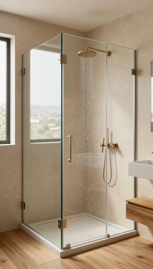 Frameless glass shower enclosure with warm beige stone tile and wood-look accents in a bright, modern bathroom