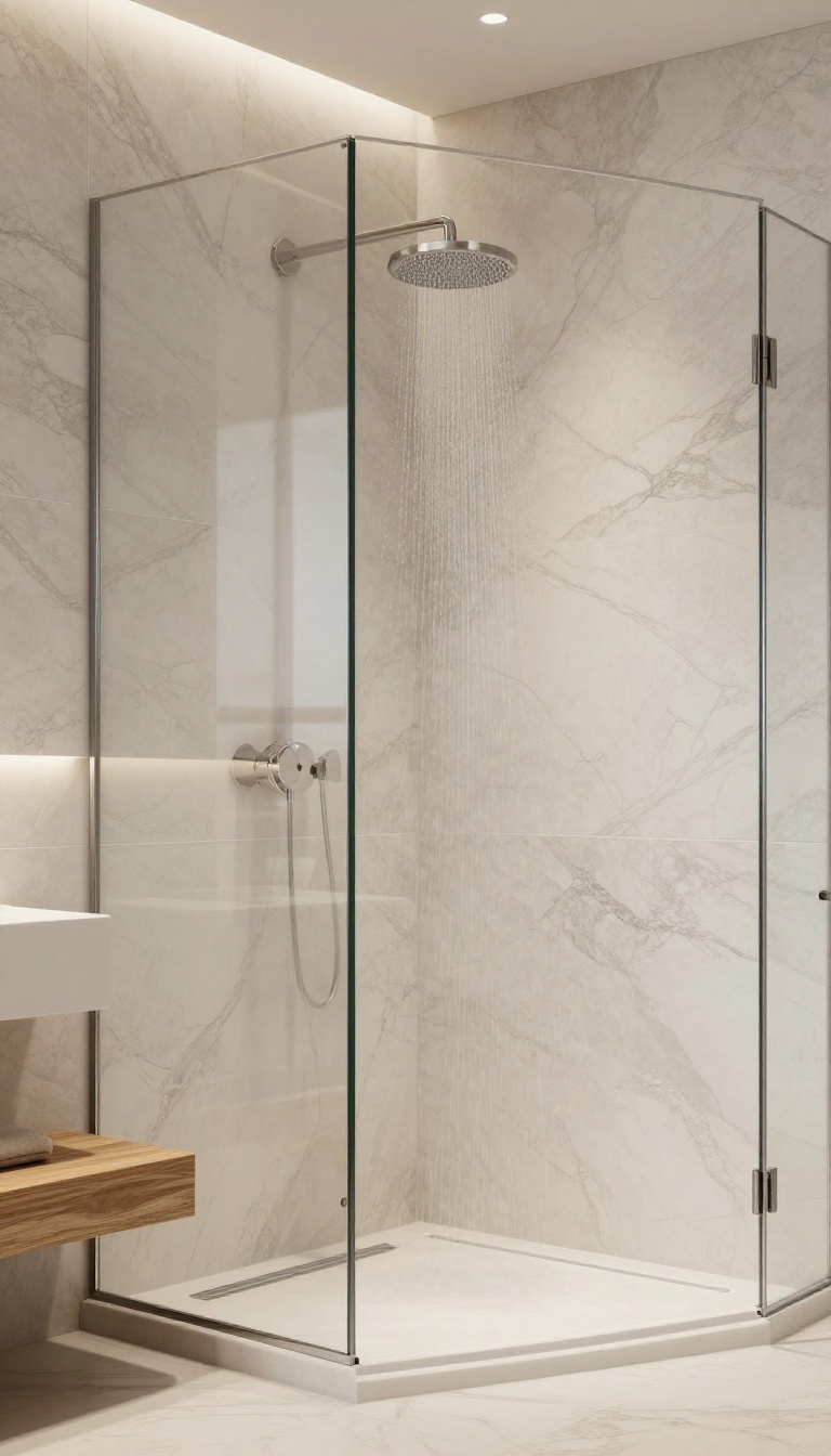 Large-format porcelain tiles mimicking natural stone in a modern shower with minimal grout lines