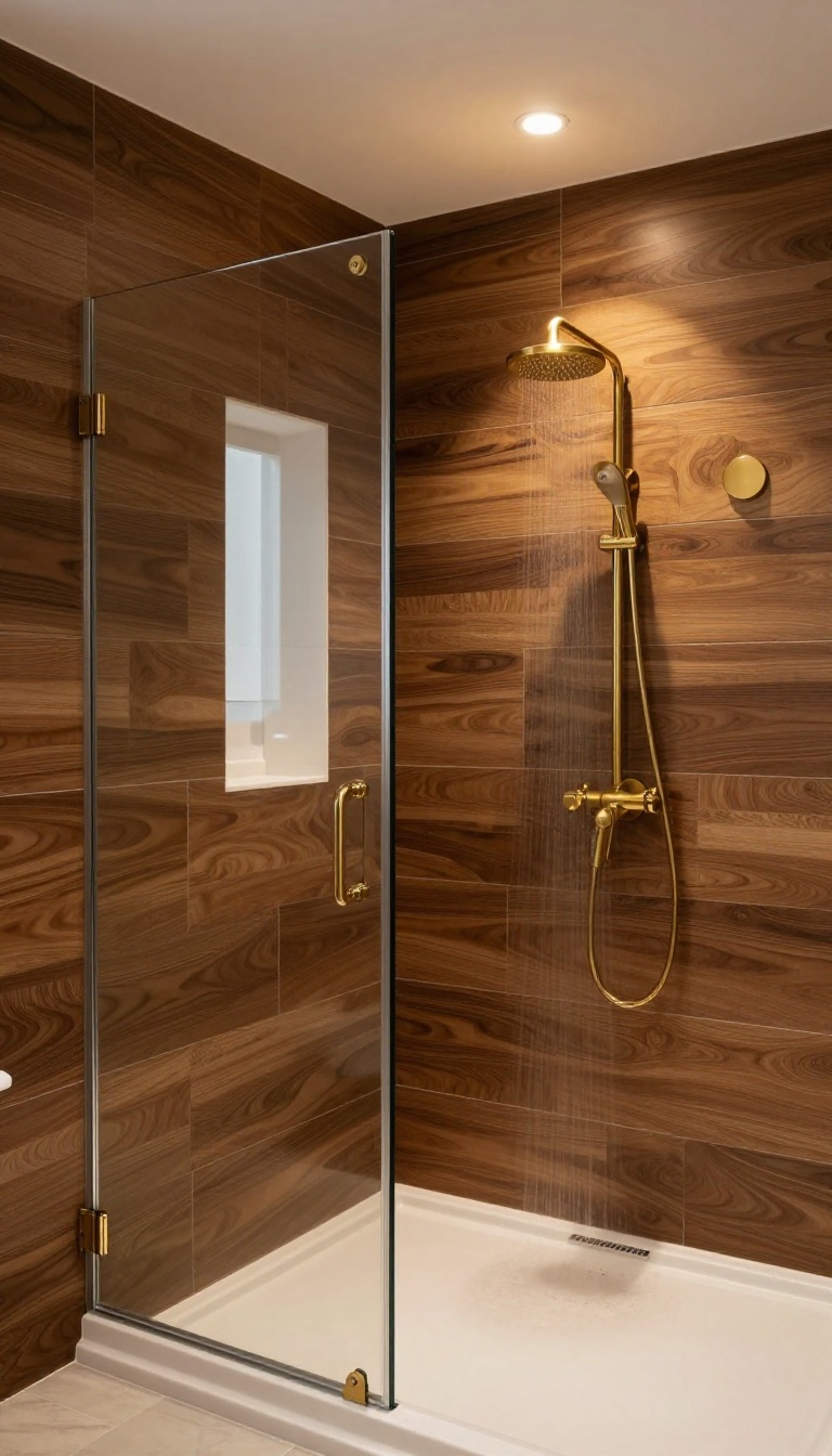 Dark wood tile shower with brass fixtures and warm lighting