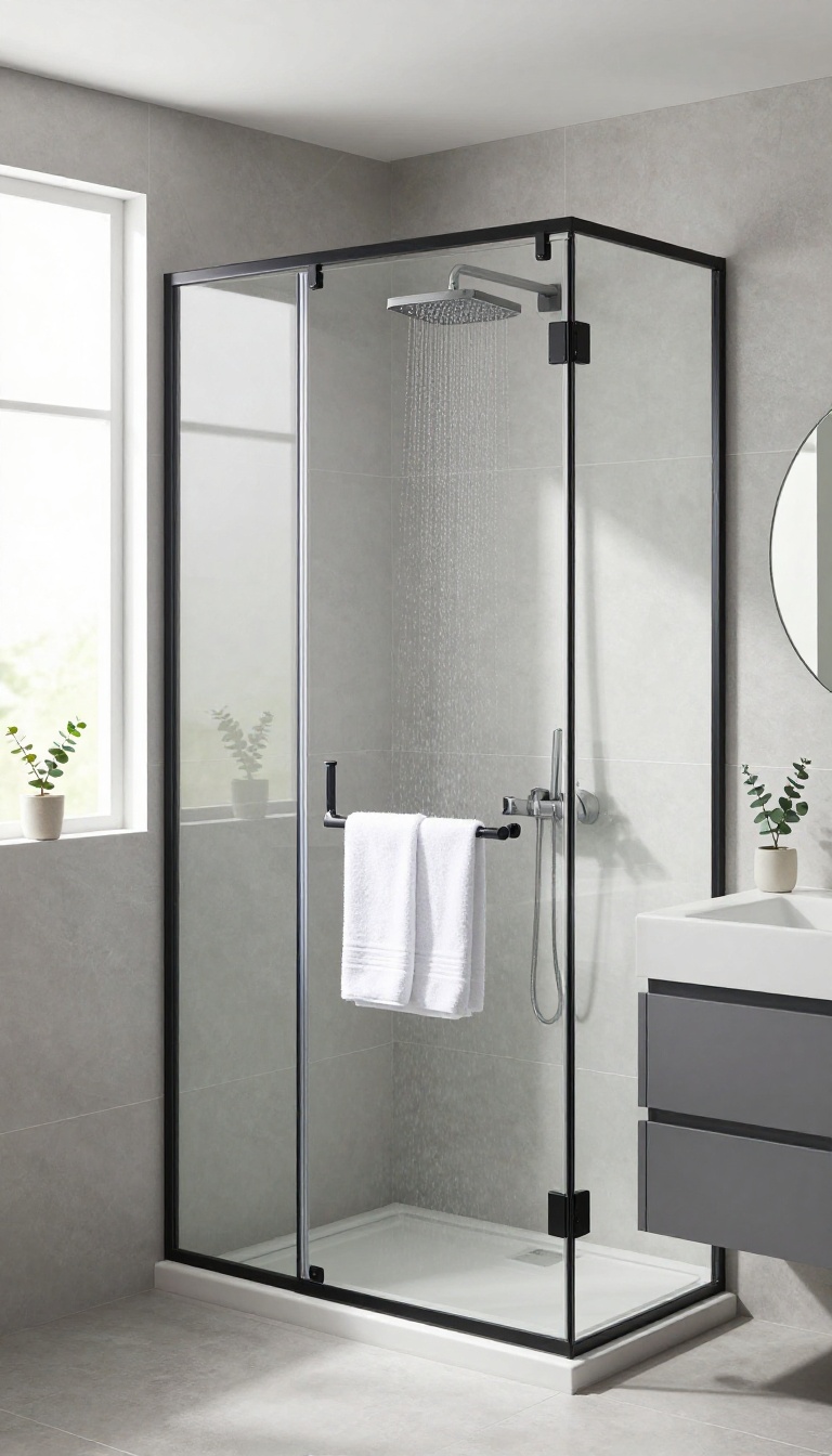 Modern frameless shower glass door with horizontal matte black bars in a bright minimalist bathroom.