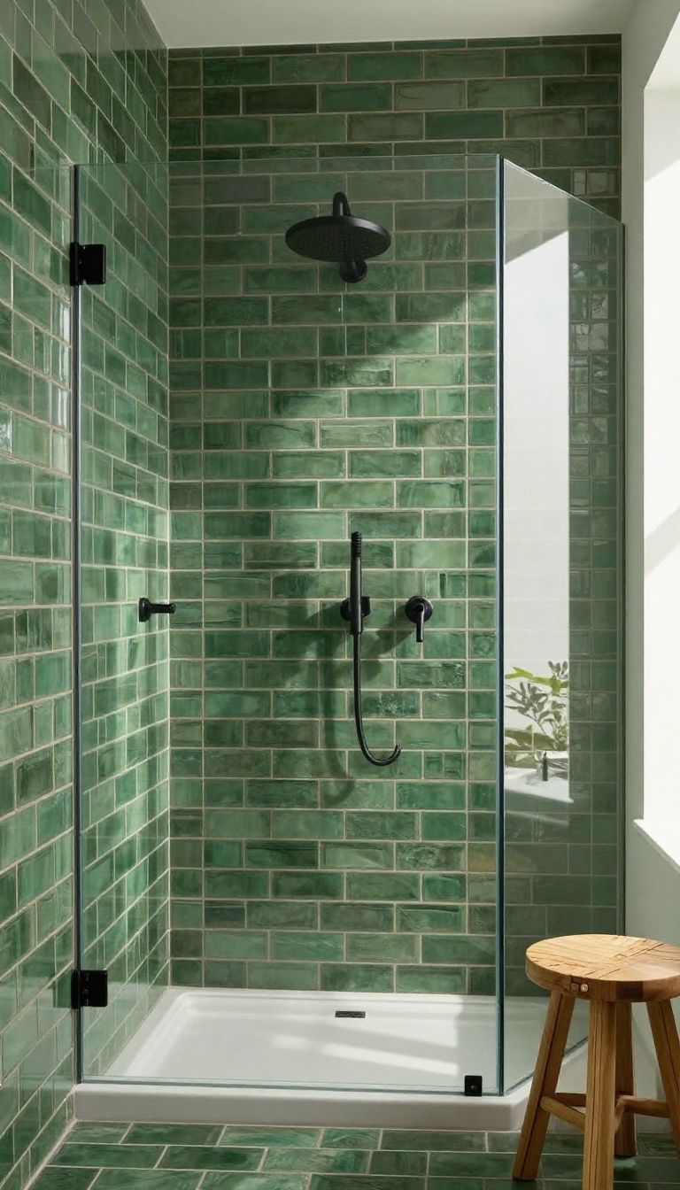 Modern bathroom shower with green subway tile and dark grout, featuring matte black fixtures and natural light.