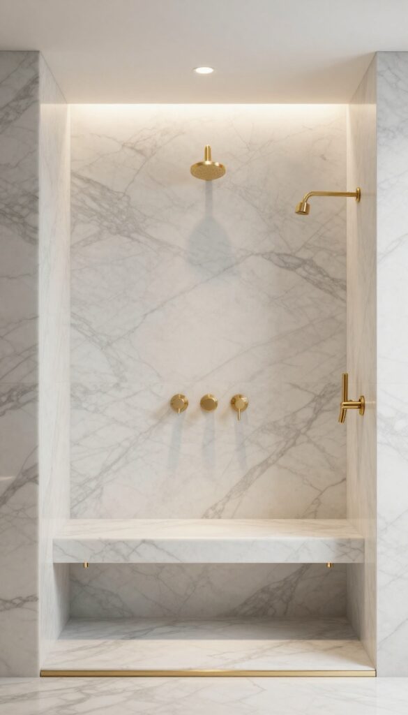 Walk-in marble tile shower with a matching marble bench and brushed gold fixtures