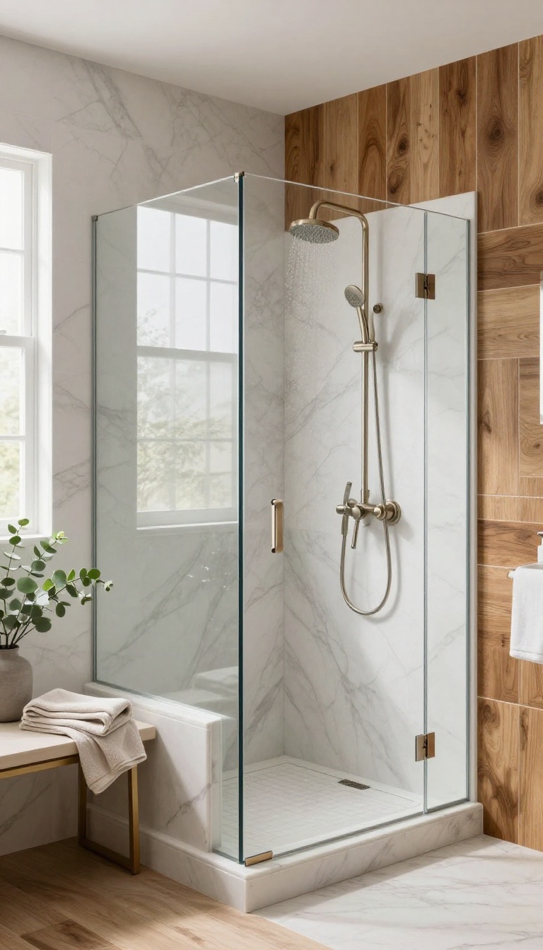 Rustic shower with marble walls and wood-look tile accent wall and floor, featuring a marble bench and rainfall showerhead.