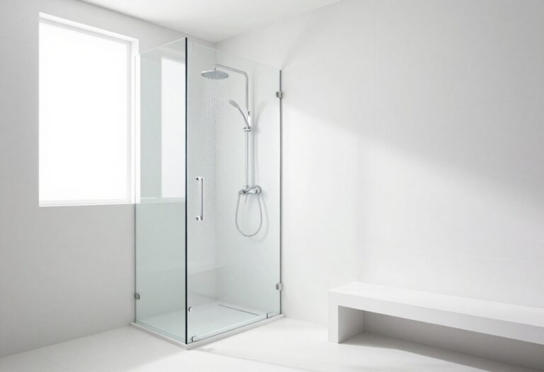 Modern walk-in shower with frameless glass door and rainfall showerhead in a bright bathroom