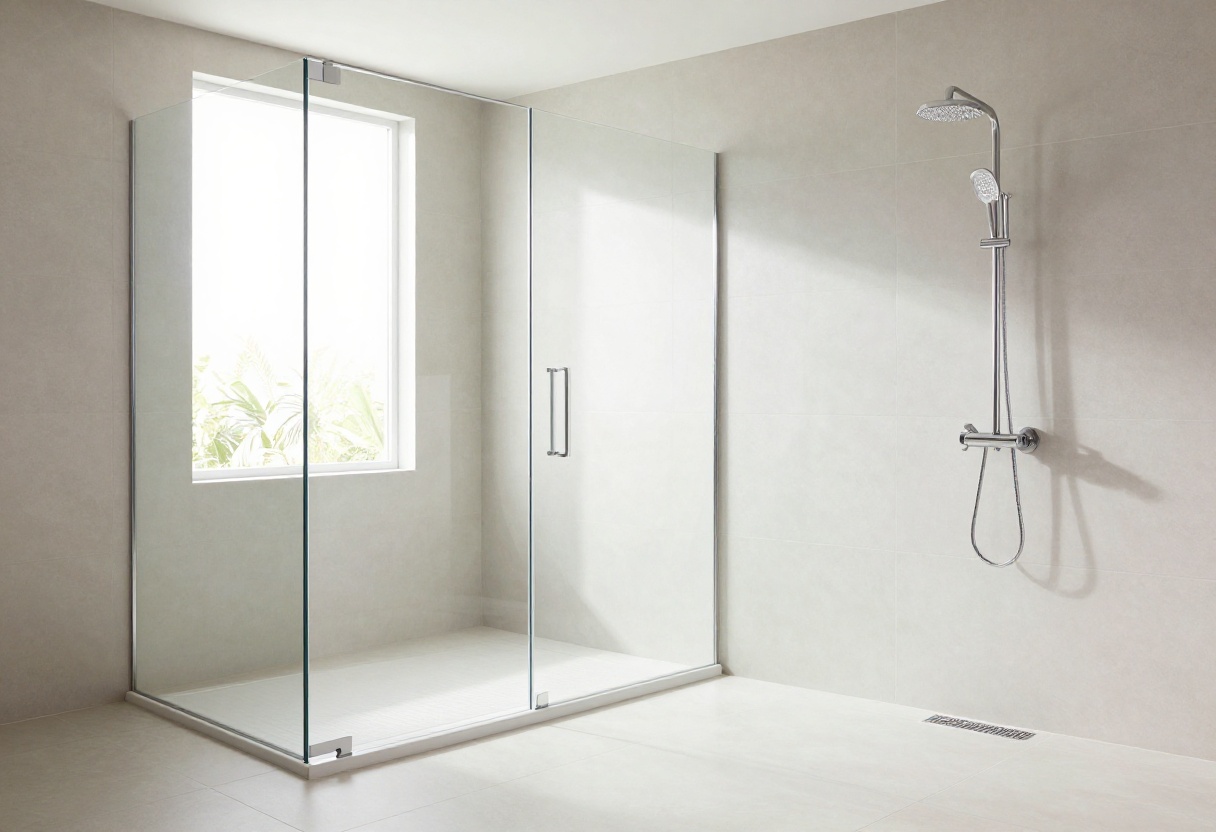 Modern shower with a sleek linear drain and large tiles