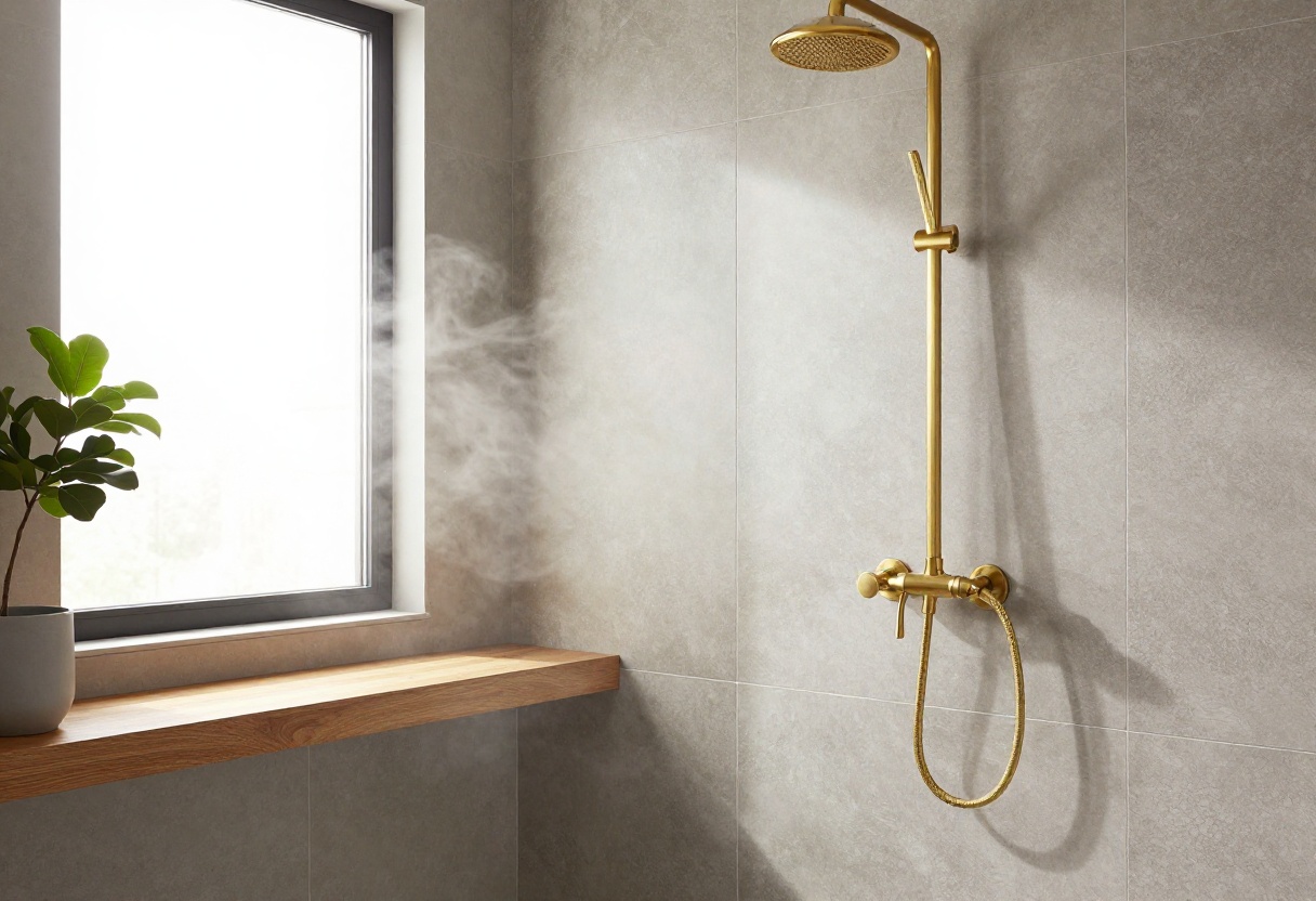 Modern shower with warm grey tiles, wood bench, and brass fixtures