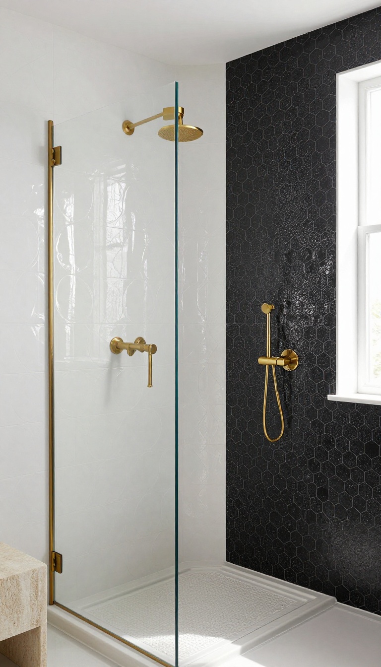 Modern shower with glossy white fish scale tiles and matte black hexagonal accent tiles