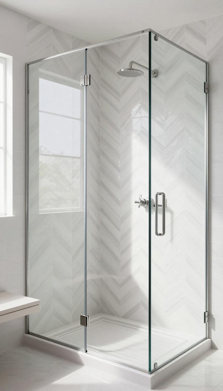 Modern bathroom shower with glossy chevron tile pattern, bright natural light, and sleek fixtures