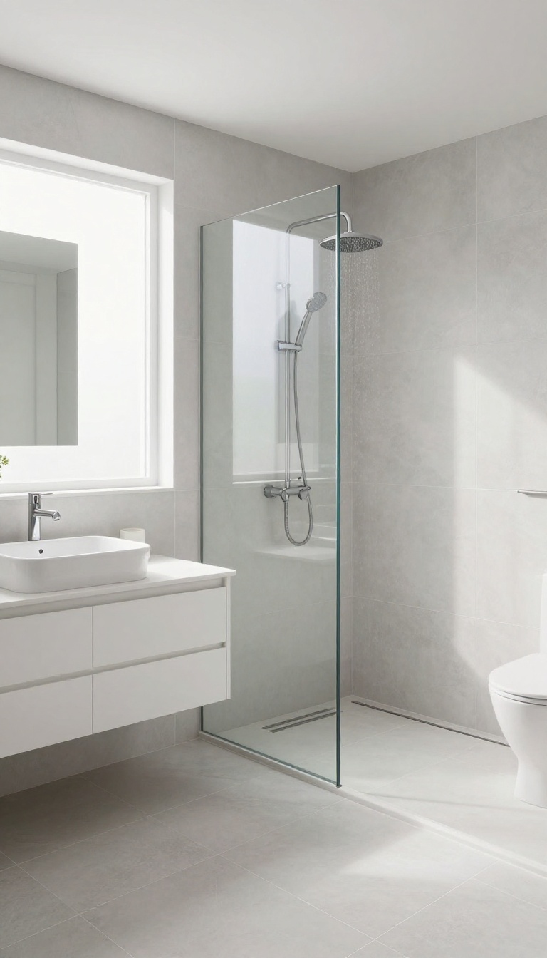 Minimalist wet room bathroom with linear drain and walk-in shower